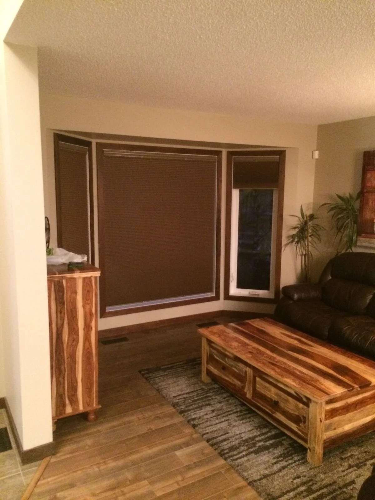 Living room before renovation, dark trim and dated finishes