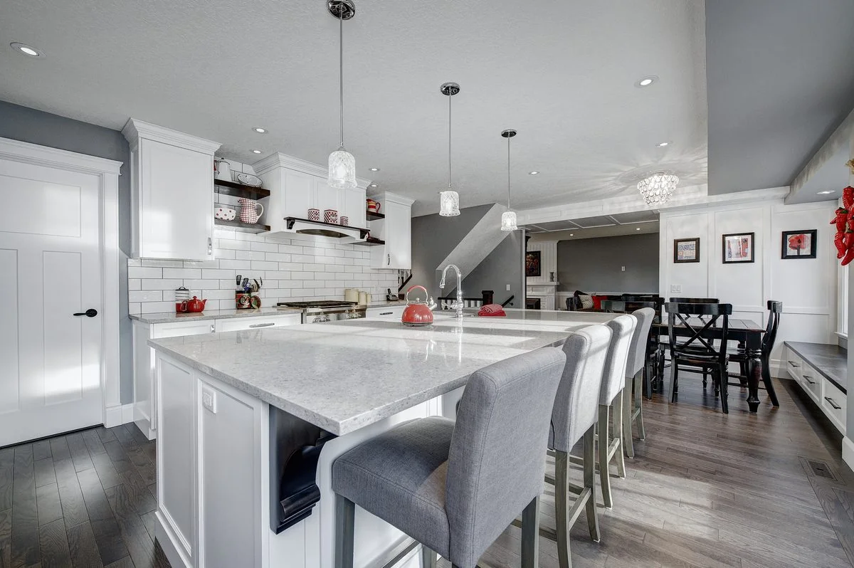 Great room and kitchen in a completed Calgary build