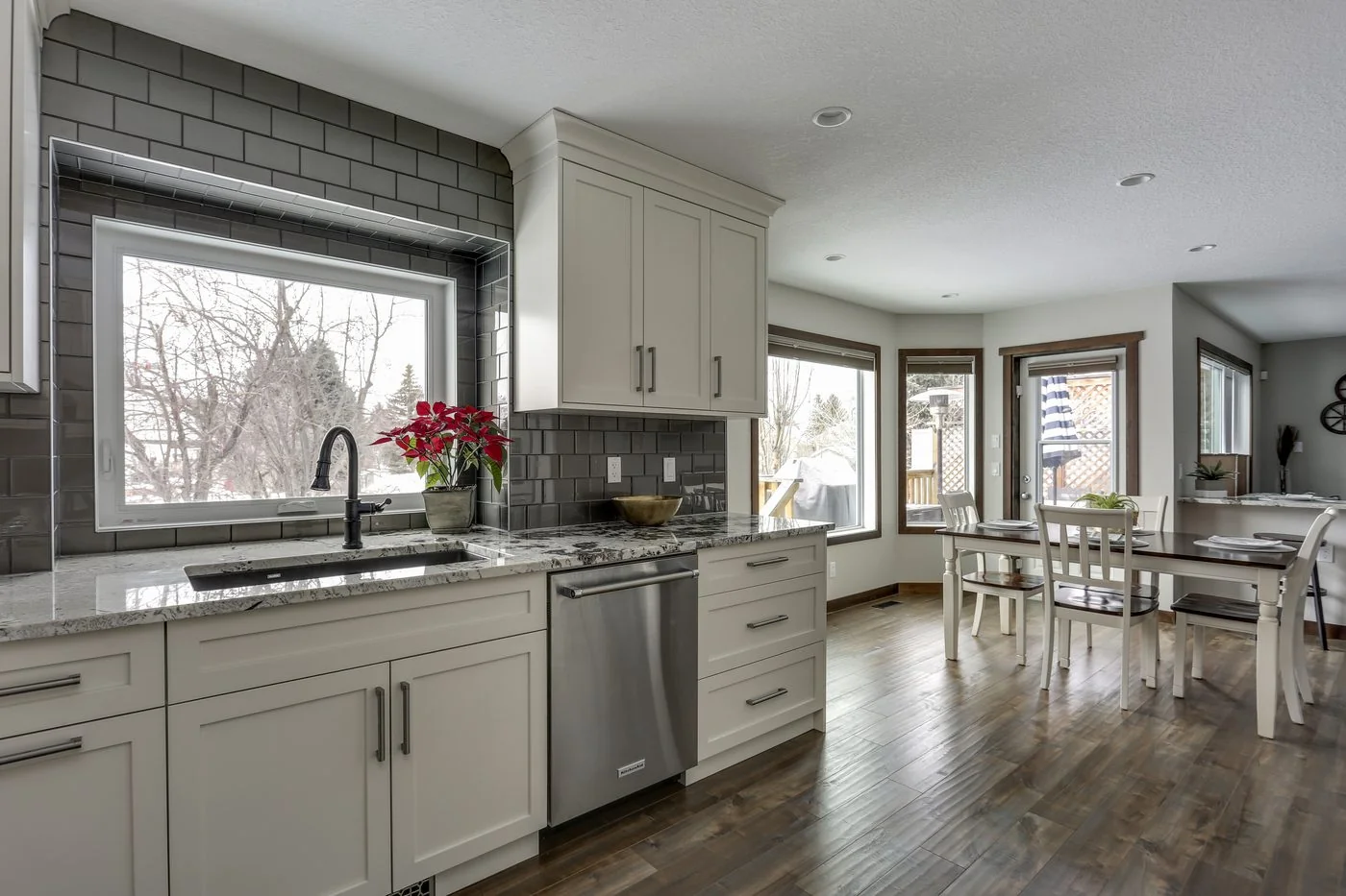 Kitchen and dining area planned as one space in a Calgary home